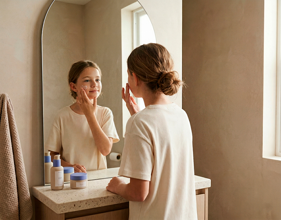 Niña haciendo su ritual de skincare